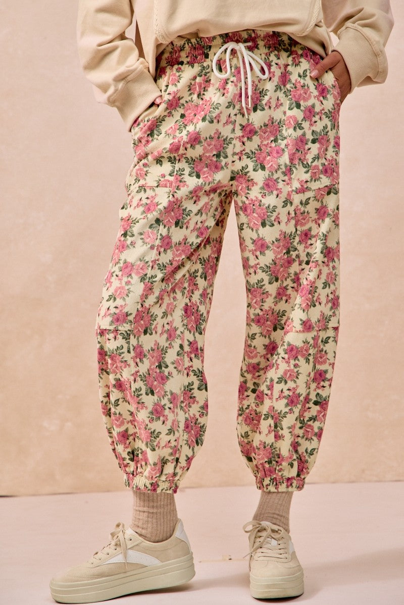 Floral Printed Twill Pants With Elastic Band