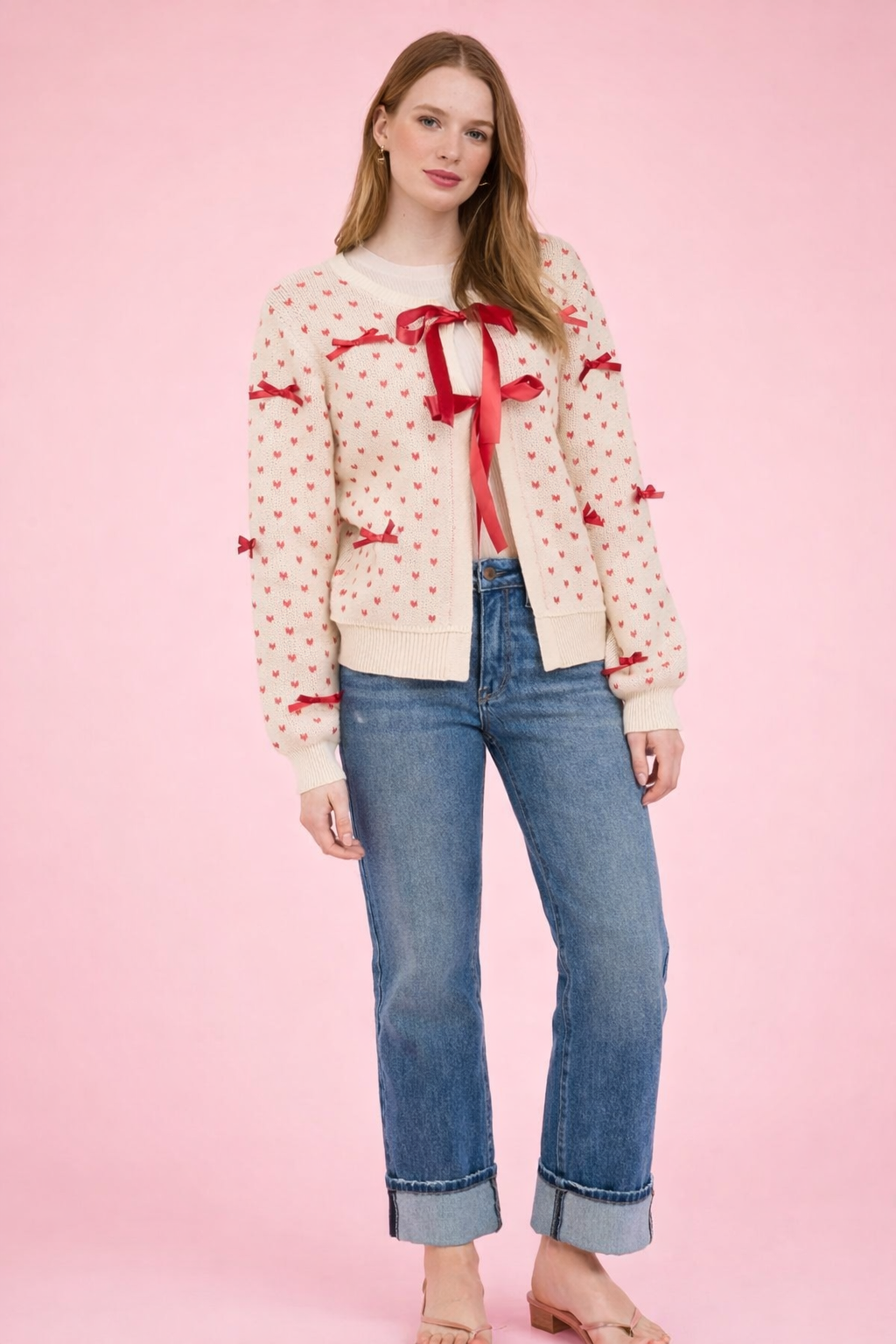 Heart Pattern Bow Detail Front Tie Knit Cardigan