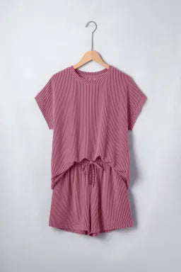 Pitaya Pink Twisted Ribbed Loose Tee Drawstring Elastic Waist 2pcs Short Set