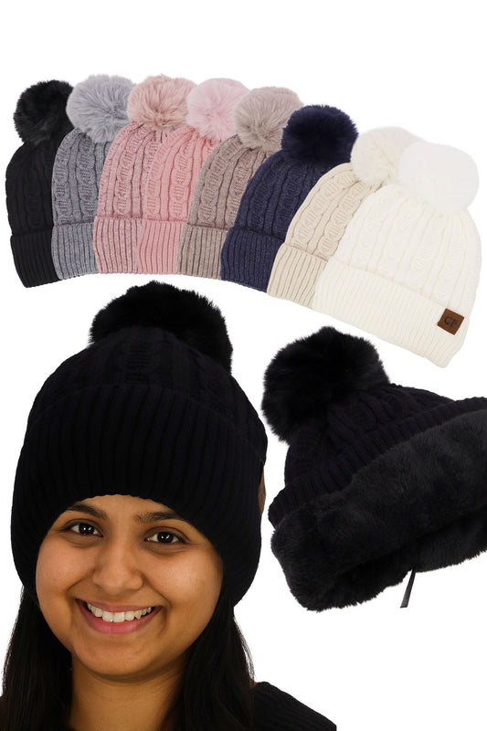 ADULT Heathered Cable Knitted Fleece Lined Beanie