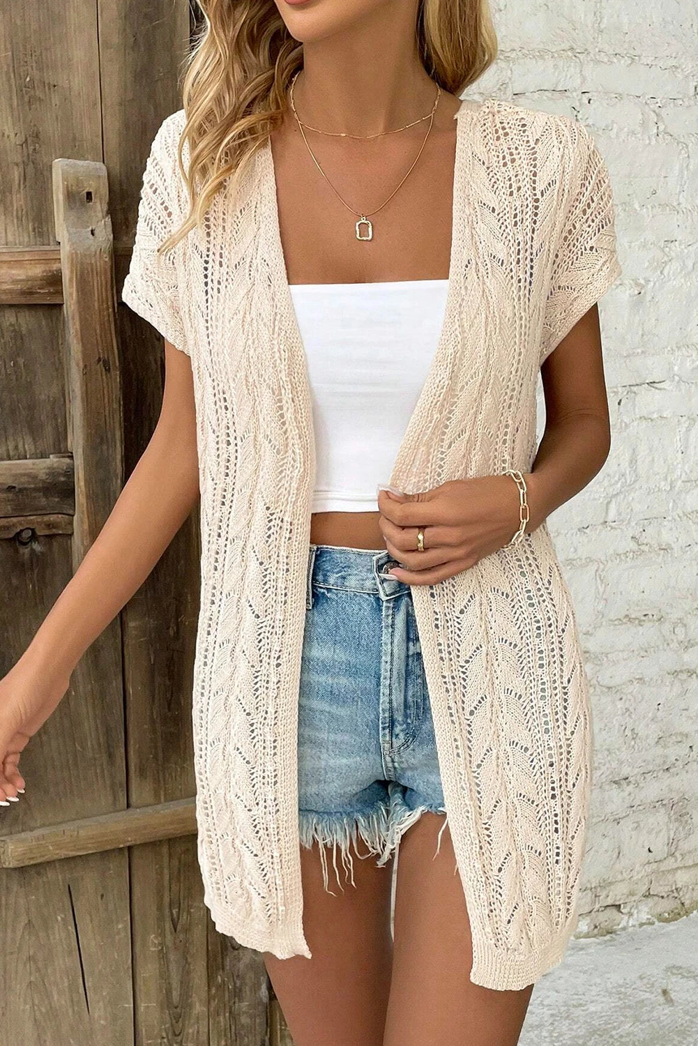 Hollowed Knit Short Sleeve Cardigan