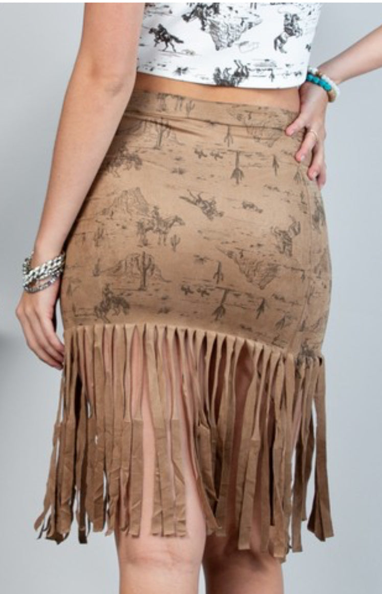 Cowboy Print Suede Skirt