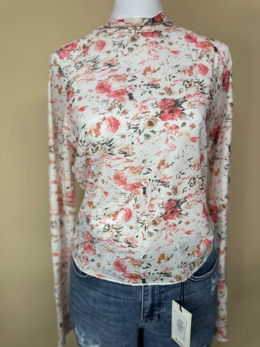 Pink Floral Print Mesh Mock Neck SHIRT