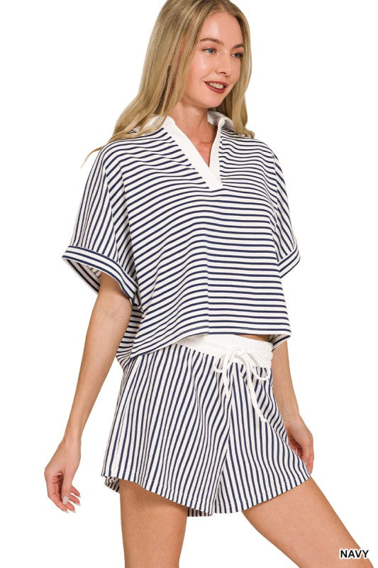 STRIPED COLLARED TOP & SHORTS SET NAVY