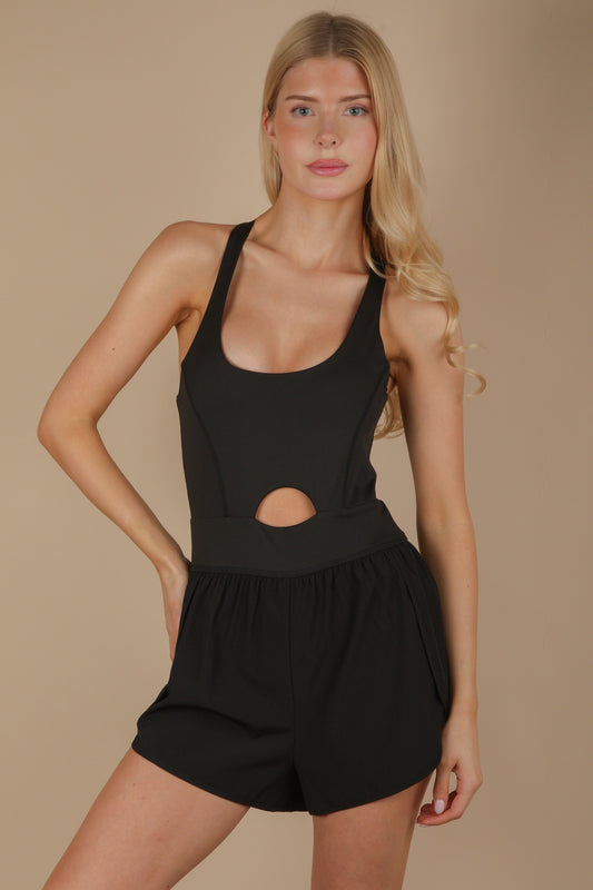 BLACK Front Cutout Romper Activewear W/ Pantie Lining