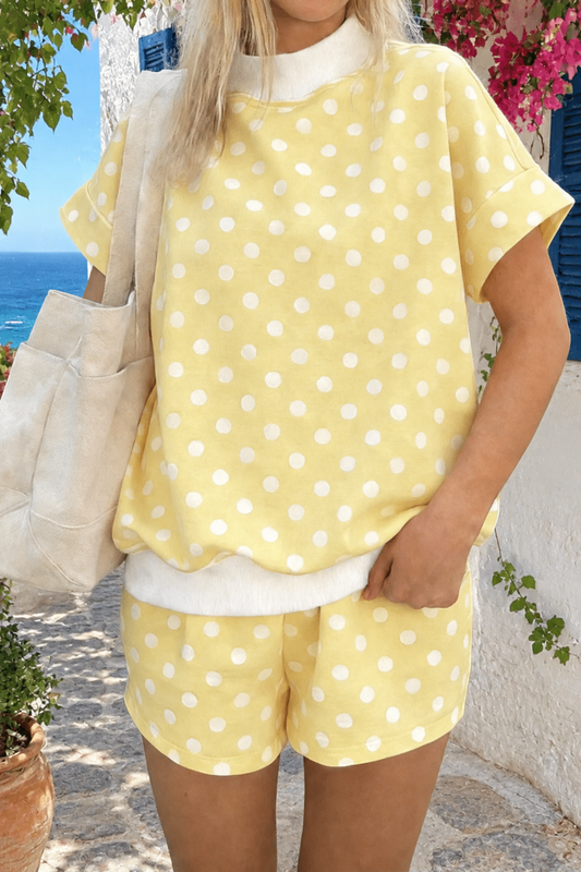 Yellow Polka Dot Print Color Block Trim Mock Neck Short Set