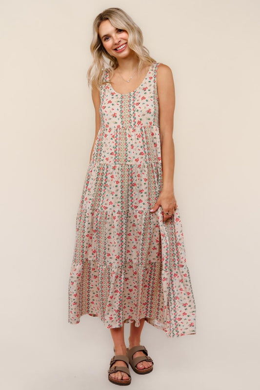 Tiered Midi Bohemian Ethnic Print Knit Dress