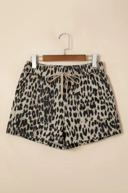 Brown Retro Leopard Print Lace-up Elastic Waistband Mid Rise Denim Shorts