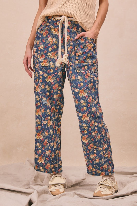 Mineral Washed Denim Ditsy Printed Braided Waist