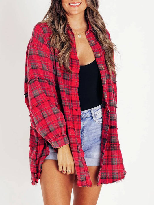 Oversize Button Down Raw Edge Plaid ShIRT