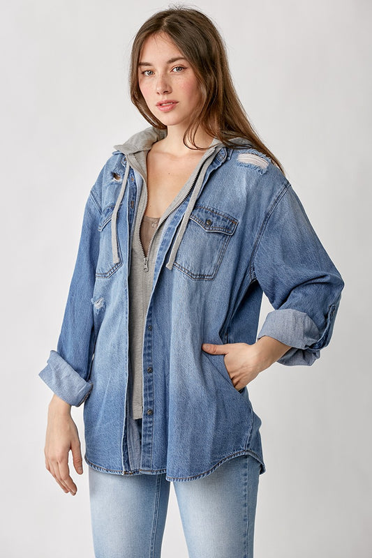 THIS IS IT OVERSIZED VINTAGE DENIM SHIRT WITH ZIP UP HOODIE