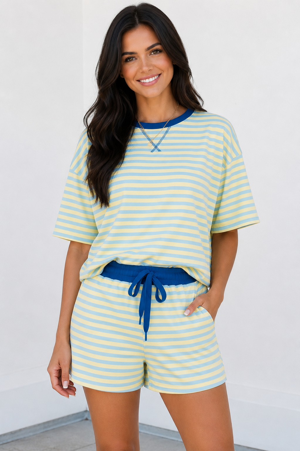 Stripe Drop Shoulder Boxy Casual Terry Short Set