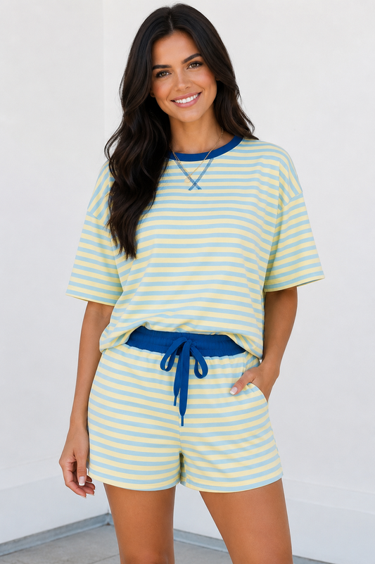 Stripe Drop Shoulder Boxy Casual Terry Short Set