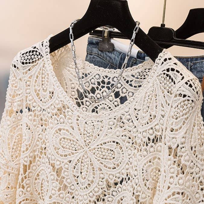 Bohemia Ecru Crochet Lace bell flare sleeve tee top cover up: White / M