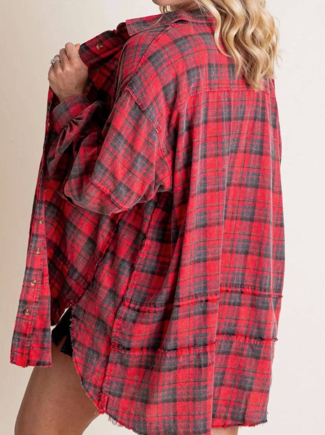 Oversize Button Down Raw Edge Plaid ShIRT