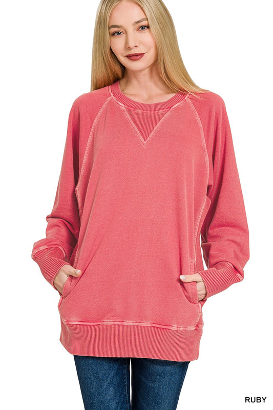 RED Pigment Dyed French Terry Pullover With Pockets