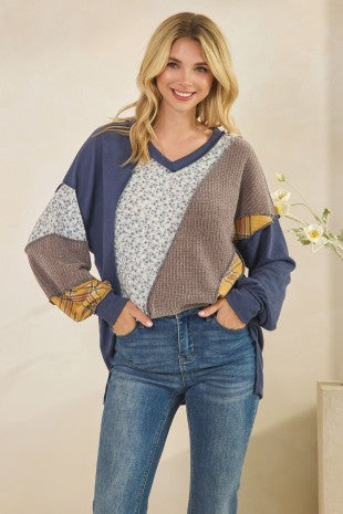 3 COLOR WAFFLE KNIT Fabric Patchwork V Neck Long Sleeve Top