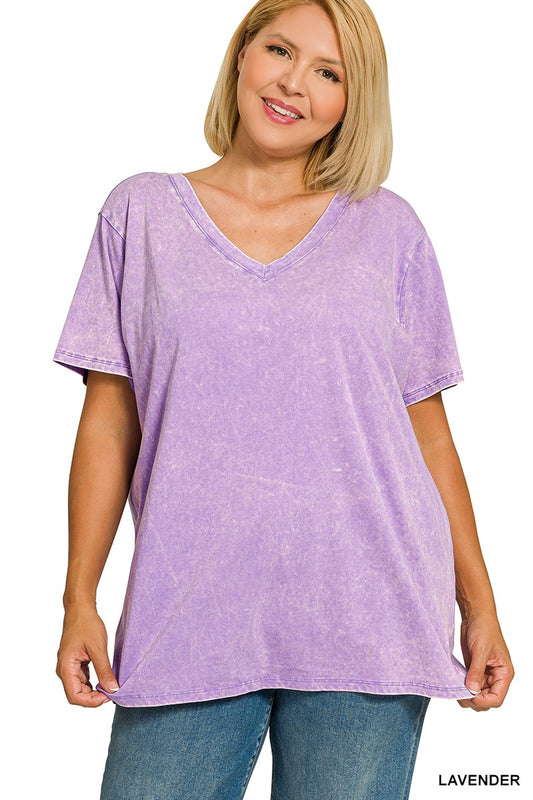 LAVEDER Plus Washed Short Sleeve V-neck Top PLUS SIZE