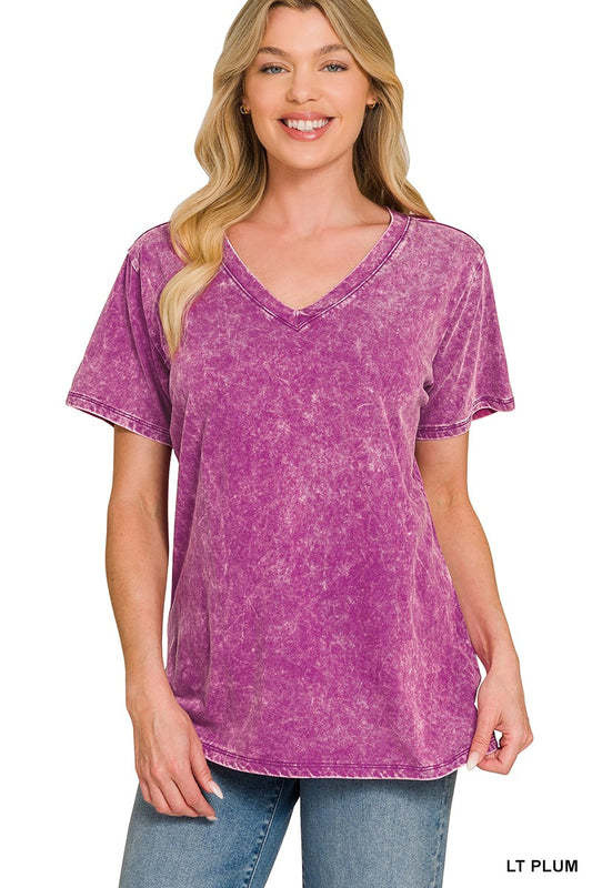 Washed Short Sleeve V-neck Top LT.PLUM