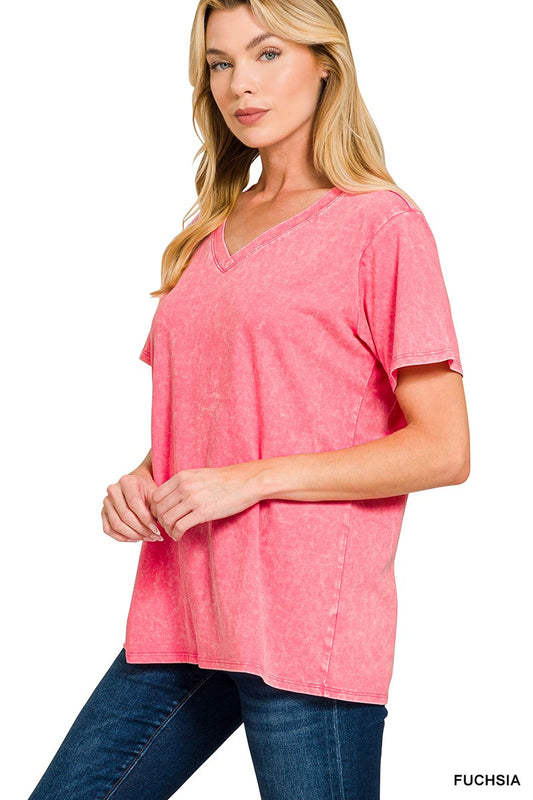 Washed Short Sleeve V-neck Top