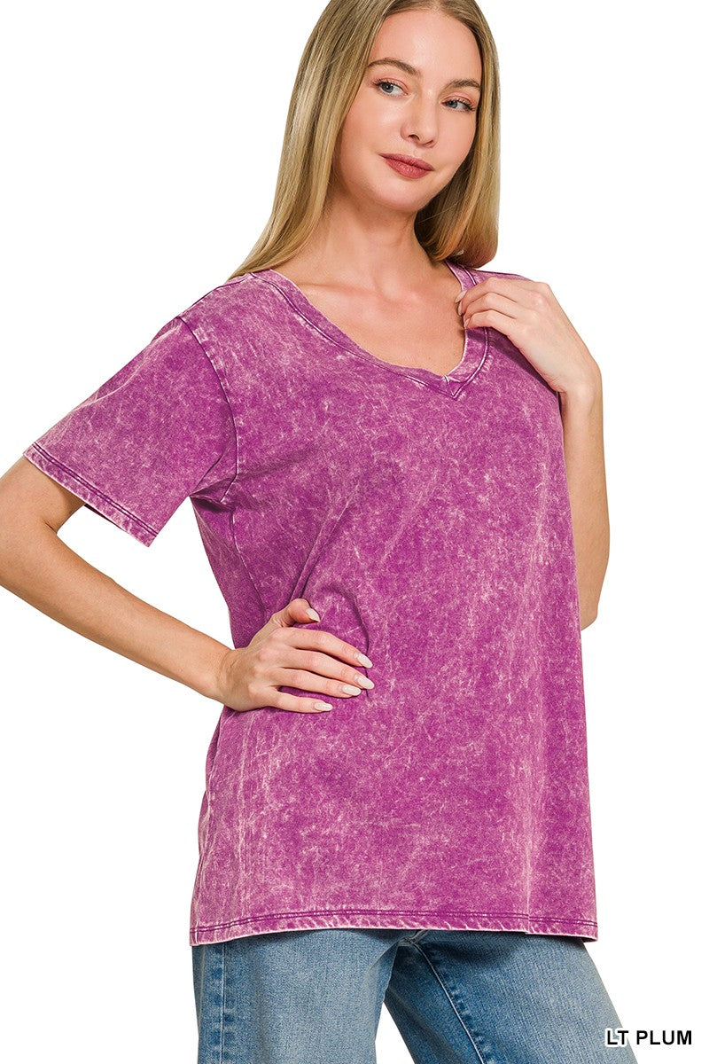 Washed Short Sleeve V-neck Top LT.PLUM