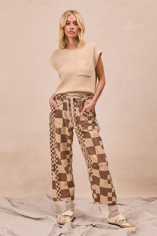 Washed Checker Board Printed Braided Waist Belt De