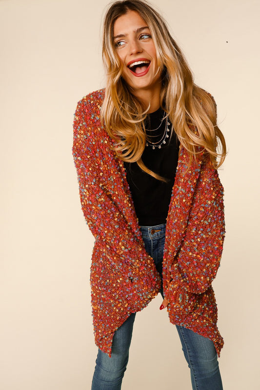 RUST POPCORN SWEATER CARDIGAN WITH POCKETS in