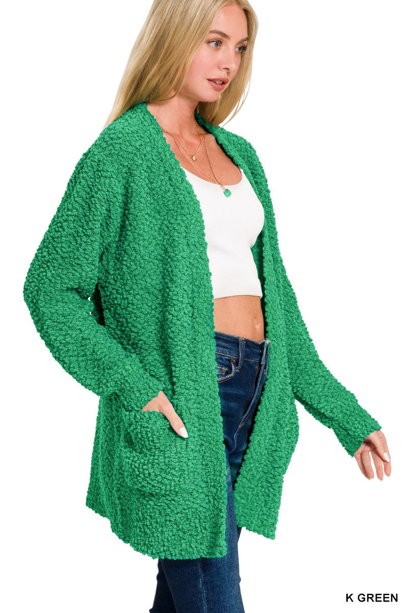 Long Sleeve Popcorn Sweater Cardigan With Pockets KELLY GREEN (Copy)