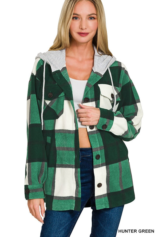 Plaid Drawstring Hooded Fleece Shacket