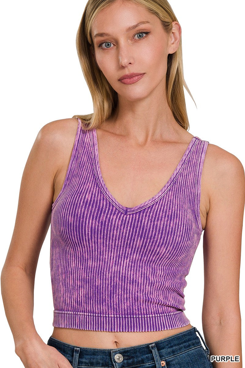 WASHED RIBBED CROPPED BRA PADDED V-NECK TANK TOP