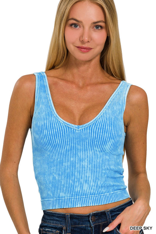 WASHED RIBBED CROPPED BRA PADDED V-NECK TANK TOP