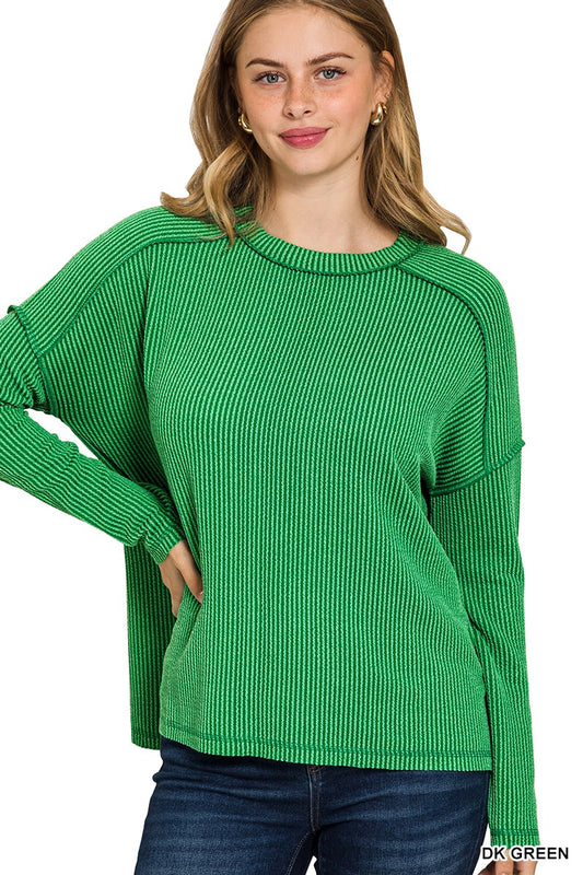 DARK GREEN Raised Rib Raw Edge Boat Neck Long Sleeve Top
