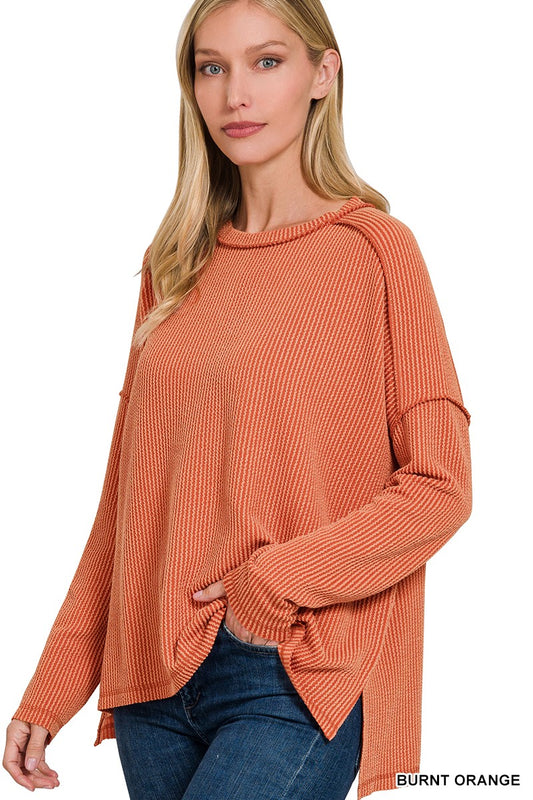 BURNT ORANGE Raised Rib Raw Edge Boat Neck Long Sleeve Top