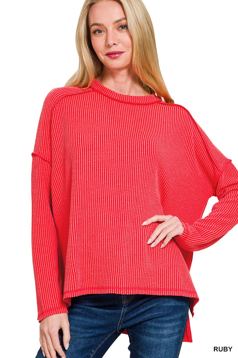 RUBY RED Raised Rib Raw Edge Boat Neck Long Sleeve Top