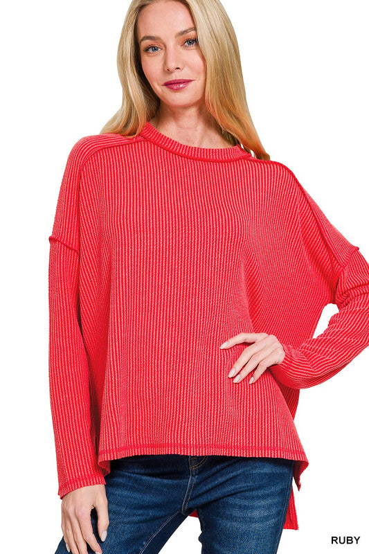 RUBY RED Raised Rib Raw Edge Boat Neck Long Sleeve Top