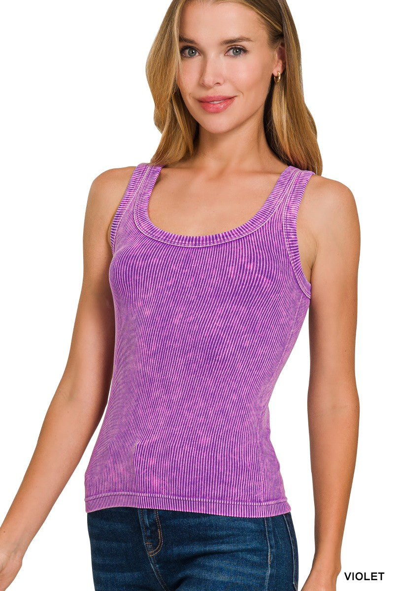 2 Way Neckline Washed Ribbed Seamless Tank Top VIOLET