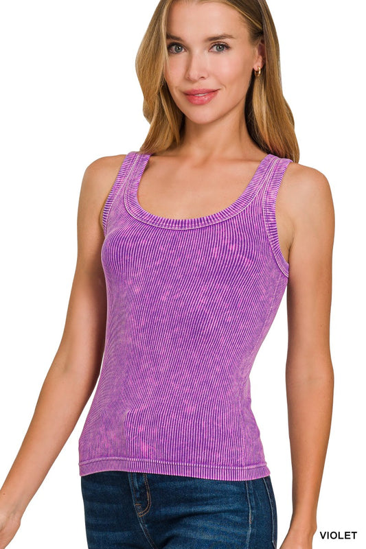 2 Way Neckline Washed Ribbed Seamless Tank Top VIOLET
