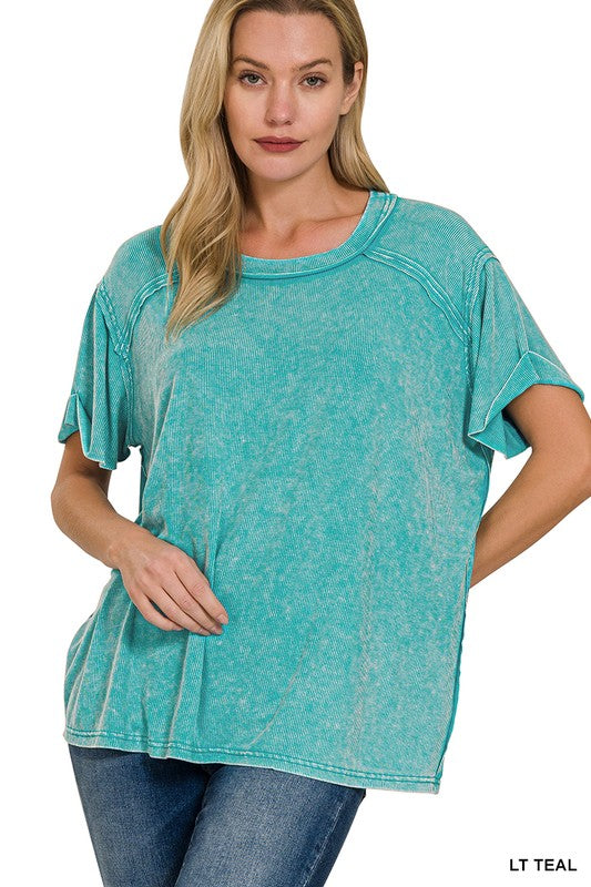 WASHED RIBBED SHORT SLEEVE BOAT-NECK TOP