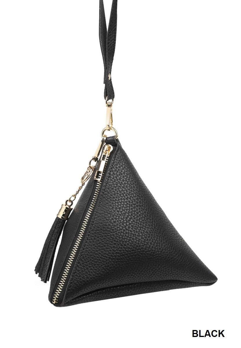 PYRAMID SHAPE TASSEL WRISTLET LEATHER BAG