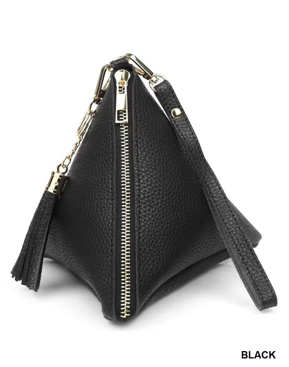 PYRAMID SHAPE TASSEL WRISTLET LEATHER BAG