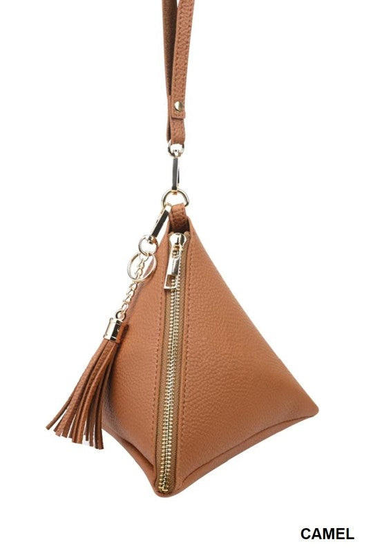 PYRAMID SHAPE TASSEL WRISTLET LEATHER BAG