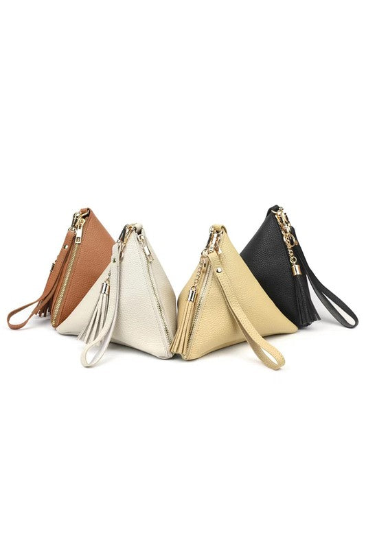 PYRAMID SHAPE TASSEL WRISTLET LEATHER BAG