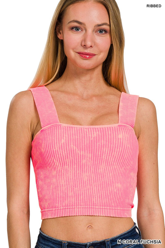 WASHED RIBBED SQUARE NECK TOP WITH BRA PADS