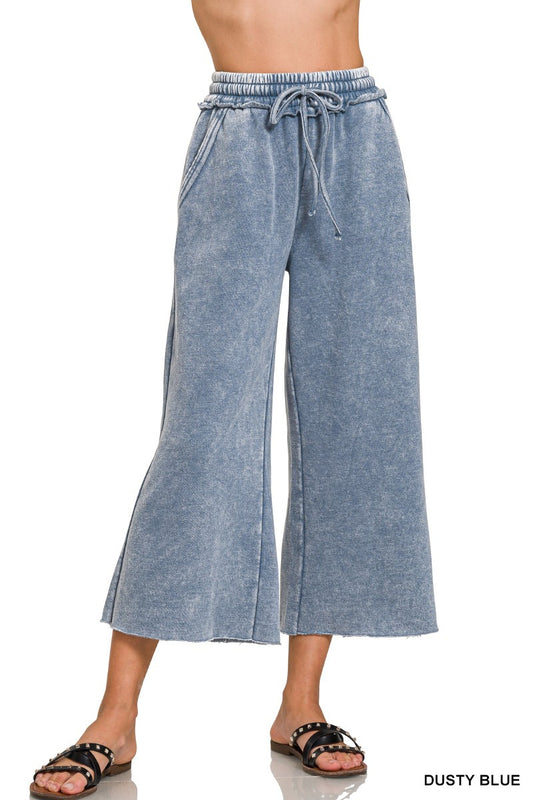 Acid Wash Fleece Palazzo Sweatpants With Pockets DUSTY BLUE