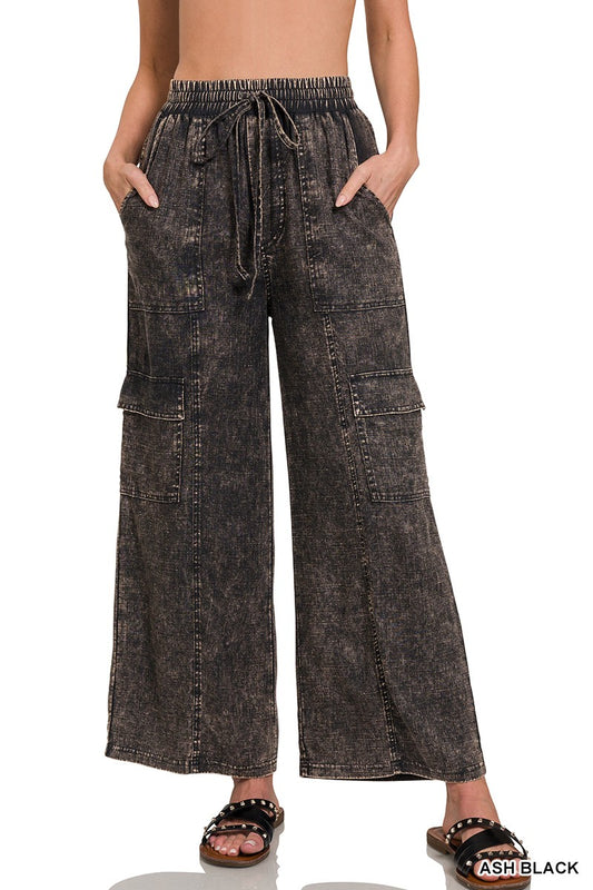 MARGO WASHED LINEN ELASTIC BAND WAIST CARGO PANTS