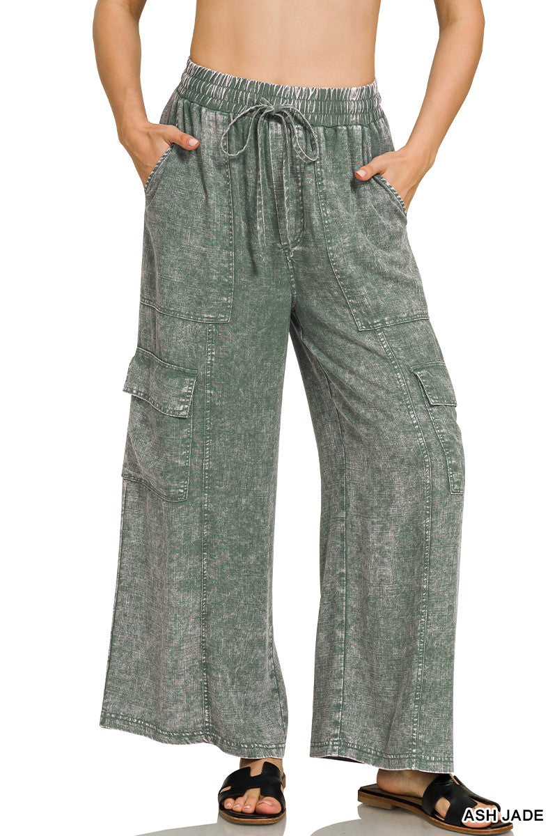 Washed Linen Elastic Band Waist Cargo Pants ASH JADE