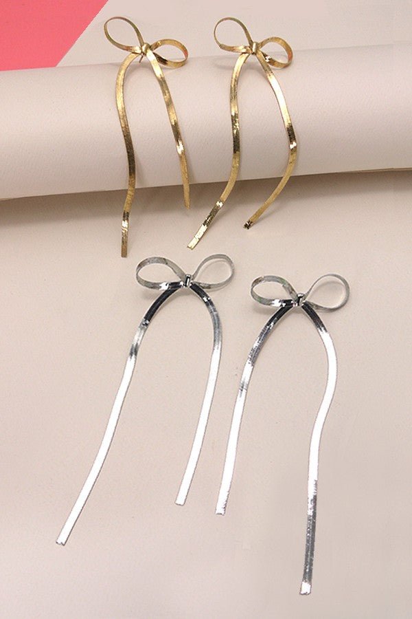 HERRINGBONE SNAKE CHAIN LONG BOW EARRINGS