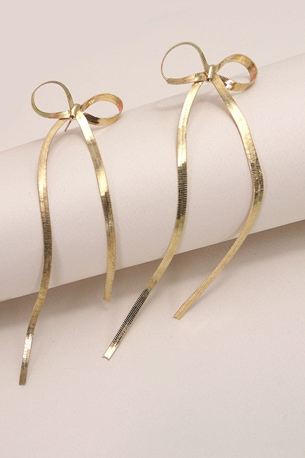 HERRINGBONE SNAKE CHAIN LONG BOW EARRINGS