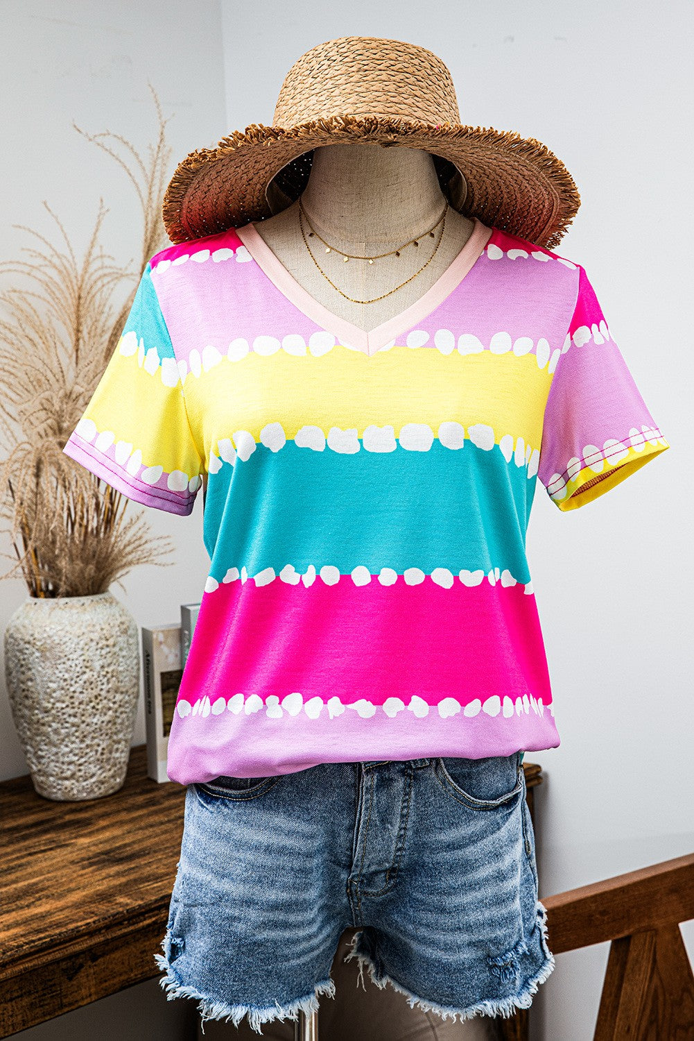 VIRBRANT Striped Color Block V Neck TOP