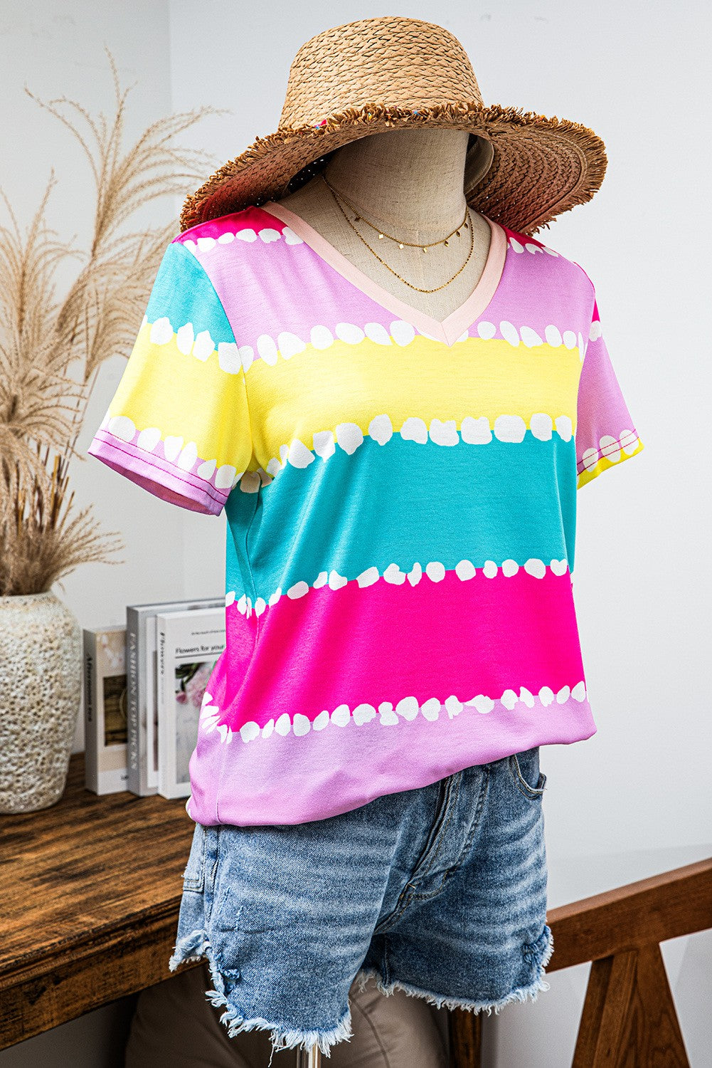 VIRBRANT Striped Color Block V Neck TOP